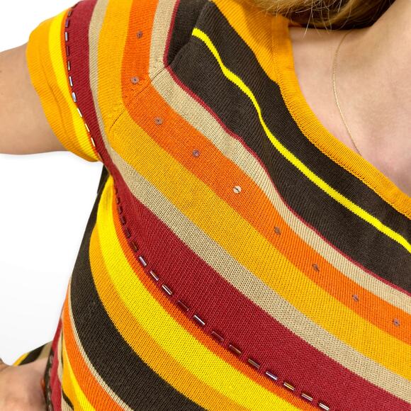 90s JOHN PAUL RICHARD Vintage Orange Striped Sequin Beaded Knit Top - Picture 3 of 7